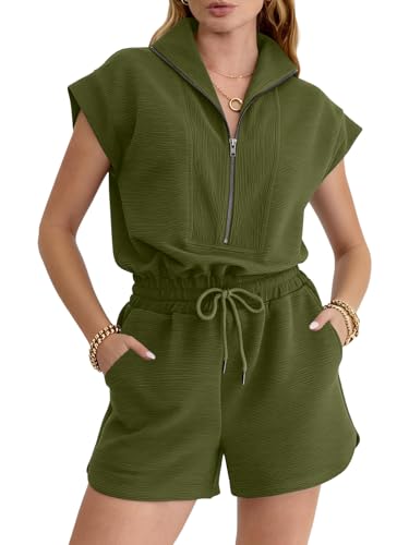 Image of Rompers for Women Summer Short Sleeve Half Zip Lapel Collar Jumpsuit Casual Drawstring One Piece Outfits with Pockets