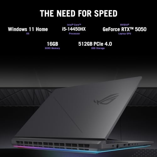 Image of ASUS ROG Strix G16 Gaming Laptop, 16 inch 16:10 FHD+ 165Hz /3ms, NVIDIA GeForce RTX 5050 Laptop GPU, Intel Core i5 Processor 14450HX, 16GB DDR5-5600, 512GB PCIe Gen 4 SSD, Wi-Fi 7, Win11 Home, G615JHR-DS53