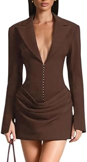 Womens Blazer Dress Deep V-Neck Solid Ruffled Waist-Cinched Sexy Elegant...