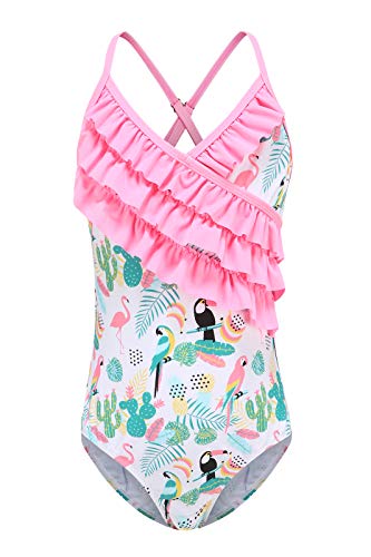 Big Girls One Piece Swimsuits Hawaiian Ruffle Bathing Suit for Kids Floral Swimwear Tropical Birds Size 14/12-14