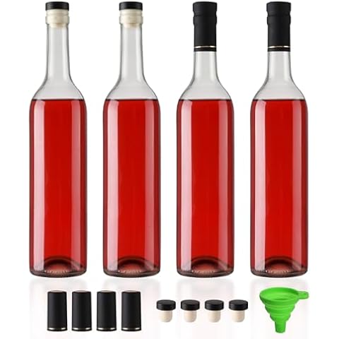 4 Pack 750 ml Clear Glass Bottles With T-top Caps & Seal Shrink Capsules, 25 oz Empty Wine Bottles with Funnel for Wine, Beverages, Juice & Kombucha Cover
