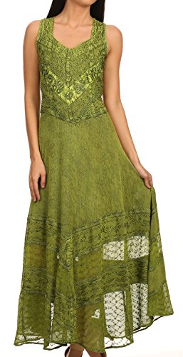 Sakkas 15225 - Zendaya Stonewashed Rayon Embroidered Floral Vine Sleeveless V-Neck Dress - Green - S/M