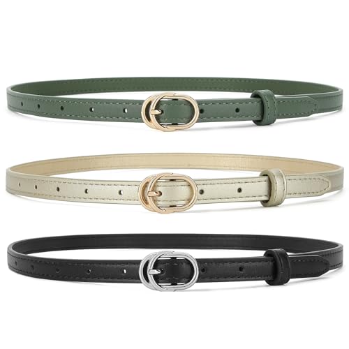 3 Pack Women Skinny Leather Belt Thin Waist Belt with Gold Buckle for Pants Jeans Dresses
