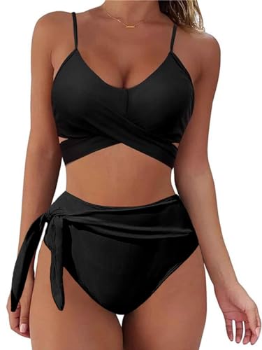 Yutdeng Bikini Mujer Braga Alta Crossover Cuello V Bikini Push Up con Relleno Biquini con Lazo Bikini Reductores Barriga Trajes de Baño Bañador Mujer Dos Piezas Bikini Triangulo,Negro,M