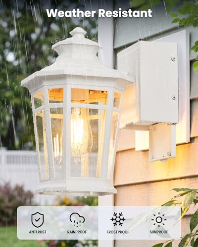 Image of Gleamz Large Porch Lights Outdoor with GFCI Outlet, White Exterior Lighting Fixtures with Dusk to Dawn Sensor, Front Porch Light Wall Mount, Patio Wall Light Fixture for Garden Front Door Coach