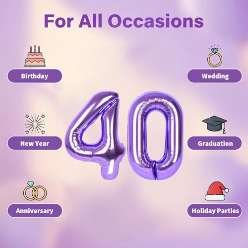 Image of Number Balloons for Birthday Decorations - 40 Inch Large Party Balloons 40, Purple Foil Number Balloons for Boys Girls, Balloons for Party Supplies
