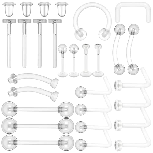Lusofie 29 Stück Transparentes Nasenpiercing Stechen Set Kunststoff Septum-Retainer Piercing-Kit Acryl Nasenring Nasenstecker Labret Schmuck Kit Für Nasen Zunge Lippe Knorpel Bauch Tragus