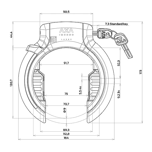 AXA Imenso Large Retractable, Fahrrad Rahmenschloss, Schlüssel ist Abziehbar, 75 mm Breite Öffnung, Sicherheitsstufe 12, Kombinierbar mit Einsteckkette, Schwarz