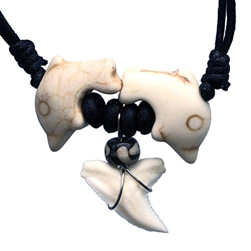 Hawaiian Polynesian Maori Surfer Beach Tribal Surfing Jewelry Shark tooth w white bone Dolphin bead Protection Amulet boy's kid's pendant necklace Luck Charm Talisman choker Black Adjustable Cord