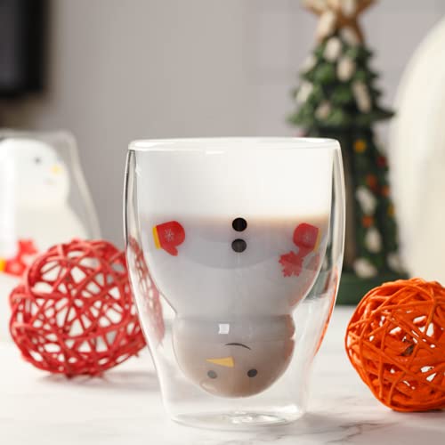 Snowman Double Wall Glass Mug - 9.5oz Insulated Christmas Cup For Coffee & Espresso, Cute Holiday Gift