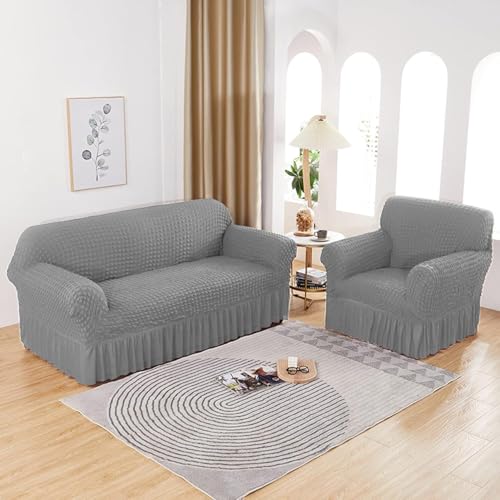 Image of Lukzer 320 GSM Stretchable 5 Seater Turkish Sofa Cover Universal Couch Protector Bubble Fabric with Frill Universal Big Elasticity Slipcover (Ash Grey /SC-099-05)
