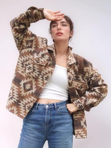 Image of Vintage Aztec Flannel Jacket Plaid Shirt Sherpa Fleece Shacket Button Down Casual Outerwear