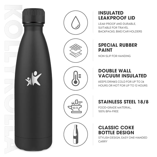 KollyKolla Borraccia Termica 750ml, Bottiglia Acqua in Acciaio Inox, Borracce Termiche, Riutilizzabile, Termos senza BPA, Bottiglia Termica Metallo per Sportiva, Scuola, Palestra, Viaggi - Nero - Immagine 1