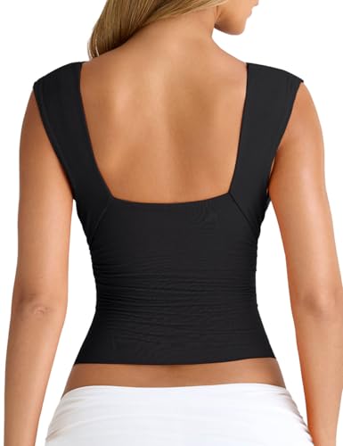 YFANG Women's Sexy Deep V-Neck Ruched Sleeveless Crop Tank Top Stretchy Double Layer Slim Fitted Going Out Crop Top2