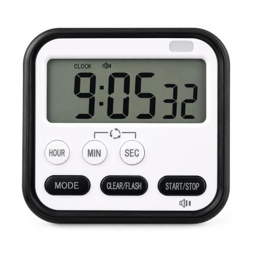 Image of Digital Kitchen Timer, Loud Alarm, Large LCD Display, Countdown Timer, Stopwatch, Magnetic Back, Foldable Stand for Kitchen, Cooking, Study & Office (Black with White)