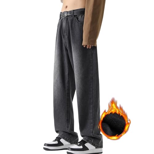 Men's Straight Retro Simple Long Pants Solid Color Mid Waist Loose Jeans Fall Winter Trendy Baggy Denim Trousers