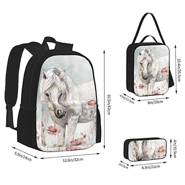 OGNOT Kat Printing School Rugzak Tieners Meisjes Jongens Schooltassen Boekentas Met Lunch Tas Potlood Pouch, Reizen Dagrugzak Sets, Wit paard omringd door bloemen, One Size