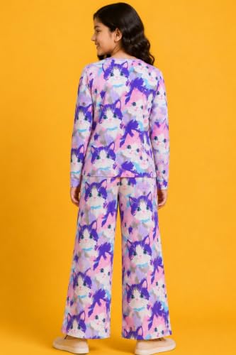 Image of TotzTouch Girls Printed Pyjama Set | Full Sleeve Top with Wide Leg Pyjama Pants | Stylish Cotton Co-Ord Nightwear Set for Kids
