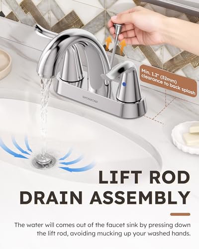 WOWOW Bathroom Faucet 2 Handle 4 Inch Centerset Bathroom Sink Faucet Lead-Free Basin Mixer Tap Lift Rod Drain Stopper, Two-Handle Center-Set Lavatory Faucet Chrome - image 3