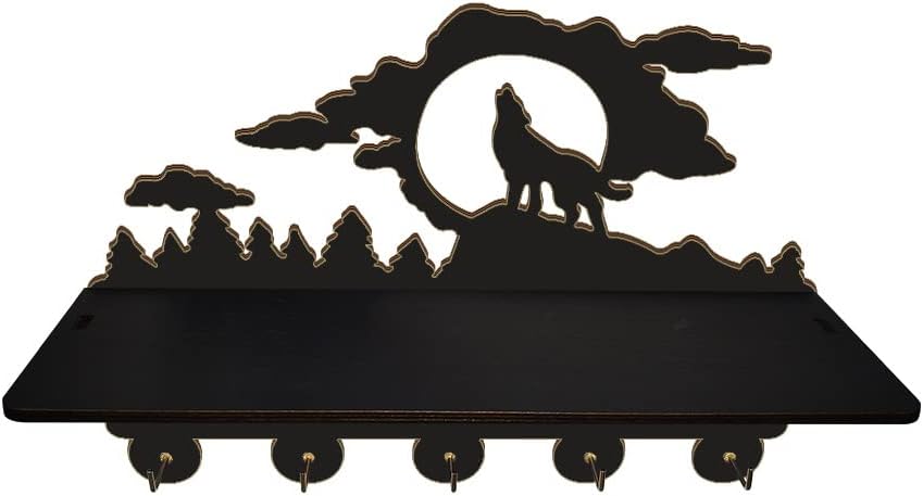 The Geeky Days Howling Wolf Key Holder for Wall, Wild Animals Wooden Wall Mounted Hat Coat Rack with Mail Medal Organizer Shelf, 5 Metal Hooks Hanger, for Wild Animal Lover Gift Home Decor