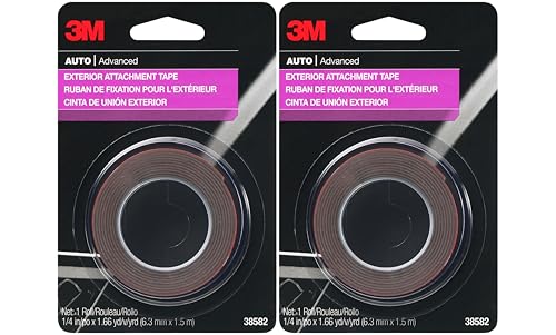 3M Auto Exterior Attachment Tape, 1/4 in x 5 ft, Heavy Duty Double-Sided Automotive Tape for Car Trim, Moldings, Emblems, and Badges (Pack of 2, 38582)