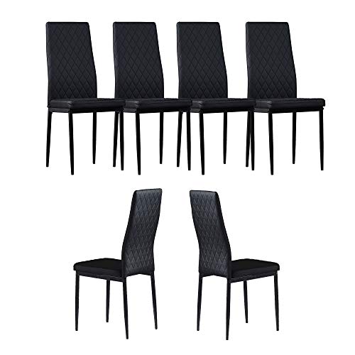 Hommoo PU Leather Dining Chairs Set of 6 Modern Kitchen Chairs with Grid Pattern and Metal Legs Armless Side Chairs for Home Living Room Kitchen Dining Room Black