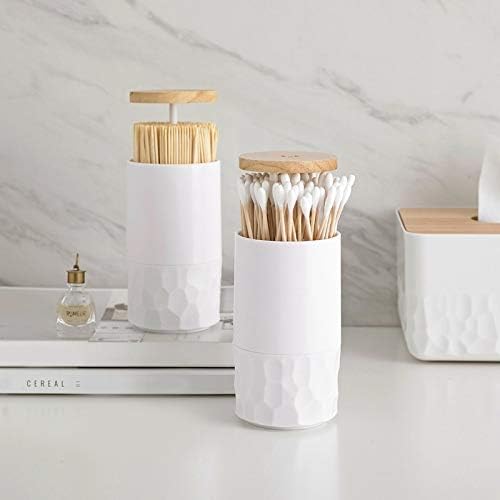 Automatic -Up Cotton Swabs Toothpick Holder，Wood Toothpicks Holder Small Bottles for Cotton Wheels Cotton Buds Case Mini Storage Jar Organizer
