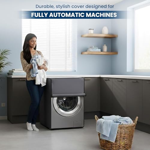 Image of Waterproof & Dustproof Front Load Washing Machine Cover Compatible for LG 12kg (FHD1208STB) | UV-Protective Washing Machine Cover | Anti-Slip Polyester | Easy to Clean & Zipper (Grey)