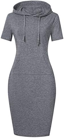MISSKY Hoodies for Women,Short Sleeve Pocket Knee Length Pullover Hoodie Dress (M,Grey)