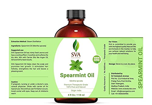 Sva Spearmint Essential Oil 4 Oz With Dropper 100% Pure Natural Undiluted Premium Therapeutic Grade Oil For Diffuser, Aromatherapy, Face, Body & Hair Care #TOP2