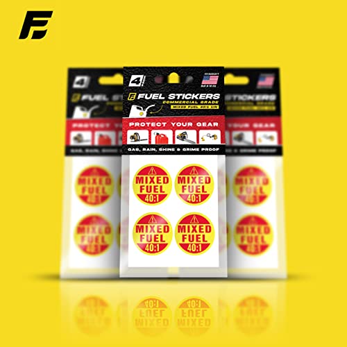 Image of Fuel Stickers Mixed Fuel 40:1 Sticker, Gas Oil Mix Labels for Outdoor Fuel Power Equipment (2 Cycle) - Weather Proof, Extreme Stick, Commercial Grade - USA Made (1 inch Round), 4 Labels