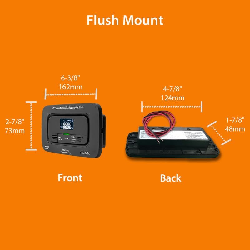 Diagram showing the front and back dimensions of the PANGAEA RV Carbon Monoxide and Propane Dual Gas Detector for flush mounting.