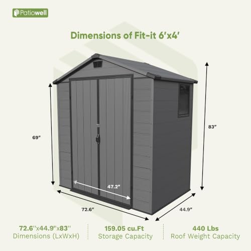 Image of Patiowell 6X4 FT Plastic Outdoor Storage Shed with Floor, Resin Garden Shed | Lockable Door, Built-In Window, Weather-Resistant Design, Easy Assembly, Ideal for Garden Tools, Bikes and Patio Equipment