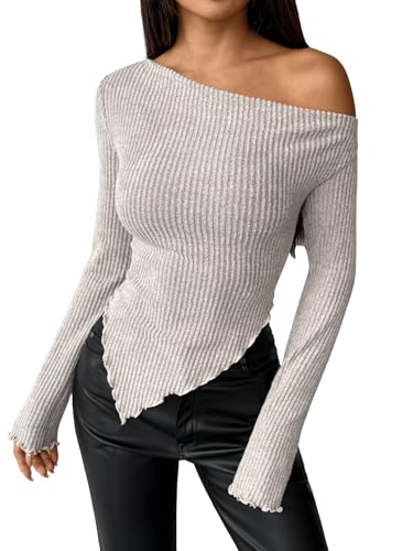 SOFIA'S CHOICE Women's Off Shoulder Long Sleeve Top Asymmetrical Hem Knit Fall Going Out Tops Apricot X-Large