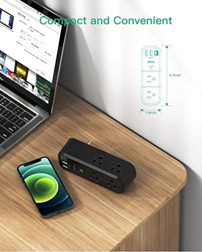 USB Outlet Extender Surge Protector with Rotating Plug | 6 AC Multi Outlet and 3 USB Ports, 3-Sided Swivel Power Strip with Spaced Splitter for Home, Office, Travel