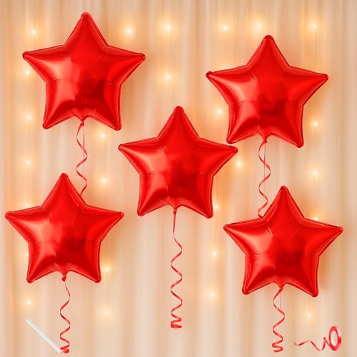 Image of Pack of 5 Star Balloons for Happy Birthday Decoration Red Kit Baby Boys Girls Kids Men Women Car Boot Living Room Star Shaped Foil Balloon Set Items
