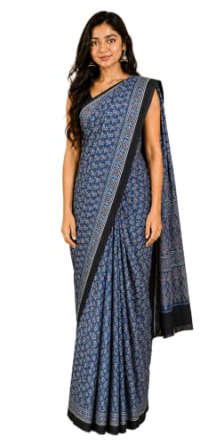 Image of Ethnics of Kutch Womenss Ajrakh Modal Silk Natural Dye Hand Block Print Saree with Blouse Piece - 5.5 Mtr Length