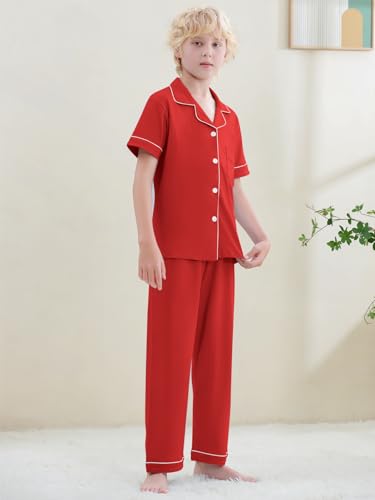 Umeyda Boys Pajamas, 100% Cotton Kids Soft Short Sleeve Sleepwear Button Down Casual 3 Pcs Pjs Set for Ages 4-124