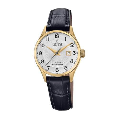 Festina Swiss Made Damen Armbanduhr Schwarzes Leder - Quarzwerk - Saphirglas - Wasserdicht bis 10 ATM - Elegant Klassisch Vintage - Kalender F20011/5 - Classic Leather
