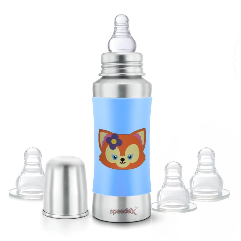 Speedex Stainless Steel Baby Feeding Bottle with Internal ML Marking, Foxy Printed Silicon Grip (240 ml, Blue Color, Silver Metal Mirror Finished) (3 Extra Nipple Free)