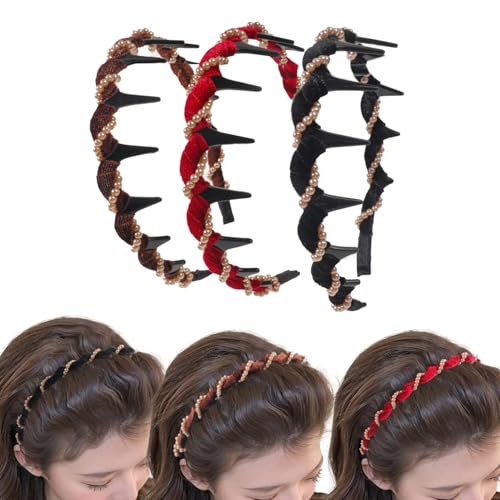 Ivyu 3 Pcs Vintage High Cranium Artificial Pearl Hairband with Teeth Grip - Elegant Non-Slip Knotted Pearl Headband Hoop for Women & Girls, Fashion Hair Accessories Gift