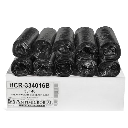 Aluf Plastics High Density Trash Bags 33 Gallon 250 Count 16 Micron (eq) 33 x 40 Black for Bathroom Office Industrial Commercial Janitorial Municipal Recycling