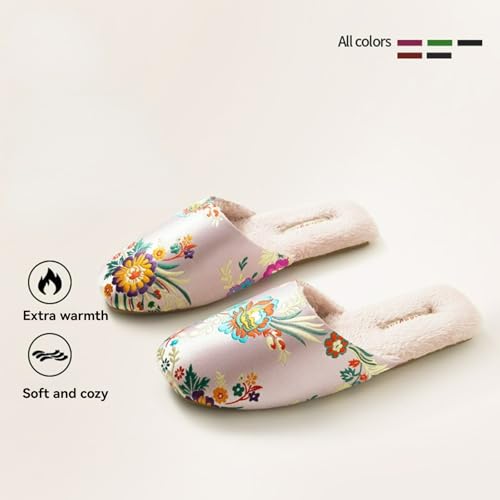 Silk Embroidered Slippers Women Retro Brocade Upper Mesh and Fuzzy Lining Anti-Slip Soles Indoor Slippers3
