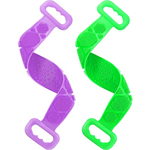 2 Pieces Silicone Bath Body Brush Exfoliating Back Scrubber Double Side Silicone Body Back Scrubber Long Back Cleaning Shower Strap for Men Women, Green and Purple