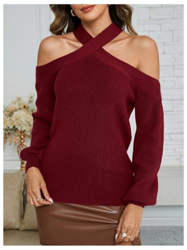 Image of MakeMeChic Women's Off The Shoulder Sweater Halter Criss Cross Pullover
