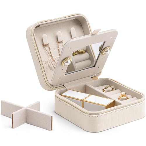 Vlando Small Faux Leather Travel Jewellery Box Organizer Display Storage Case for Rings Earrings Necklace with Mirror A.Mirror White