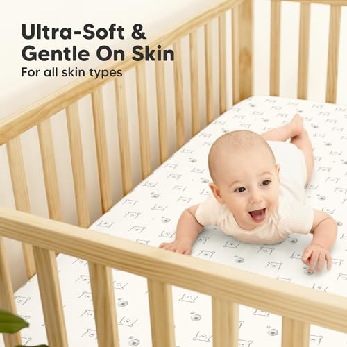 Image of 2-Pack Waterproof Baby Crib Sheets for Boys, Girls, 52x28 (Bumble Bear) | Viscose Derived from Bamboo Toddler Bed Sheet Neutral, Fitted Crib Mattress Protector Cover for Baby Bedding, Soft & Gentle