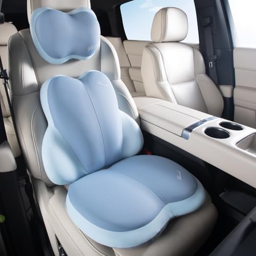 Image of FLORICH 3 PCS Seat Cushion for Carseat Lumbar Support Pillow Car Neck Headrest Pillows Ultrathick Memory Foam Seat Pads Pressure Relief Back Cushion for Office Chair(Blue)