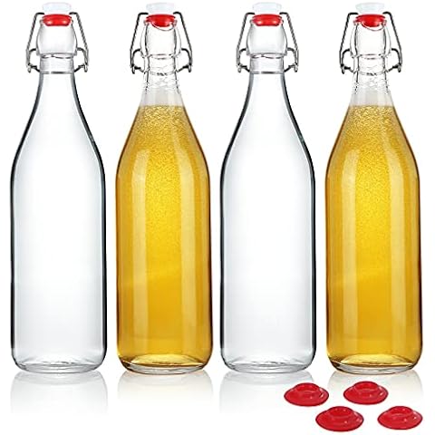 YEBODA Clear Glass Bottles with Stopper For Home Brewing Beer Kombucha Kefir & Airtight Silicone Seal 32 oz(4 Set) Cover