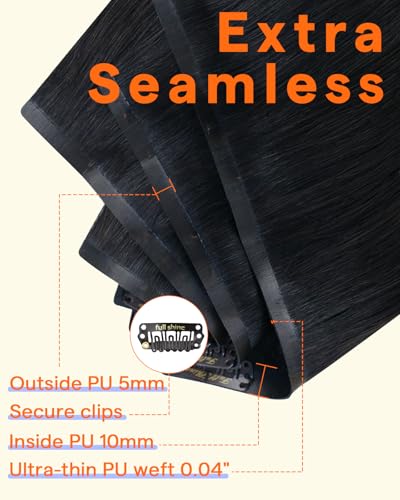 Image of Full Shine Seamless Clip in Hair Extensions Real Human Hair,Black 18 Inch | Invisible PU Weft, Nature Black Remy Hair Extension Clip ins, Full Voluminous Long Hair, 120g 8Pcs